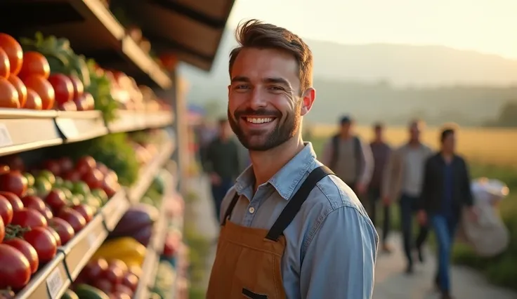 A young supermarket clerk stands near the shelves, dressed in work clothes. He has a friendly smile and a neatly trimmed beard. The background shows people walking with their goods, with the light spilling out in warm colors across the landscape. The selle...