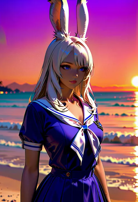 Viera woman who looks like an idol , long hair , Straight Hair , Round face , bust up ,  sailor suit ,  as shown in the picture , Golden sand beach at sunset 