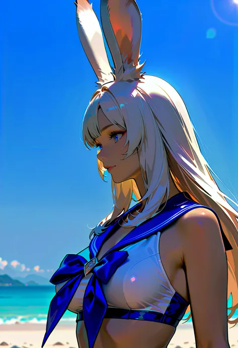 Viera woman who looks like an idol , long hair , Straight Hair , Round face , bust up ,  sailor suit ,  as shown in the picture , Golden sand beach at sunset 