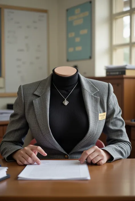 (ultrarealistic:1.2) Photo of a (headless:1) woman sitting behind the principal's desk, wearing a black turtleneck sweater, a gray suit jacket, and necklace, name tag on suit jacket, sexy, attractive body, working as the school principal, POV shot from in ...