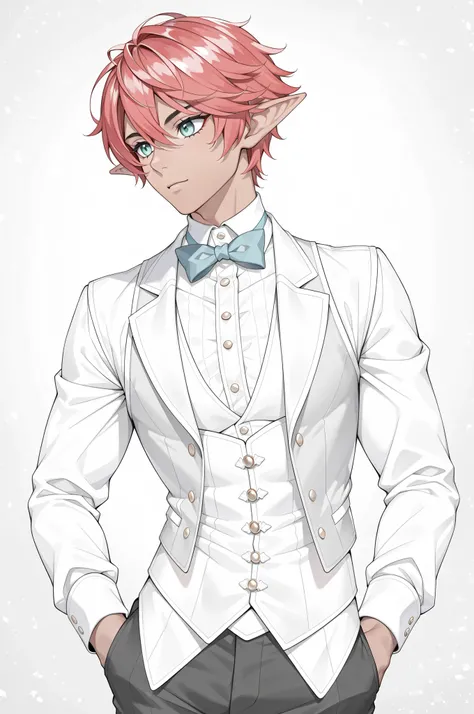 (((Masterpiece))), top quality, handsome dapper male elf, super detailed, kind and sophisticated, white corset vest, pants, shiny dark skin, long red hair, teal eyes, light background,