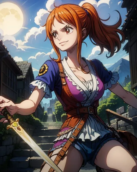 (最高masterpiece,  top quality, 4K, 8k,  high resolution,masterpiece:1.2), Nami in One Piece,smile,Mysterious Knight,Miracle,Power Spot,Fantastic world tree,Green Sun,Holy Sword,Holy Swordの斬撃,She's on an adventure to defeat the demon king,Mysterious Knightで剣...