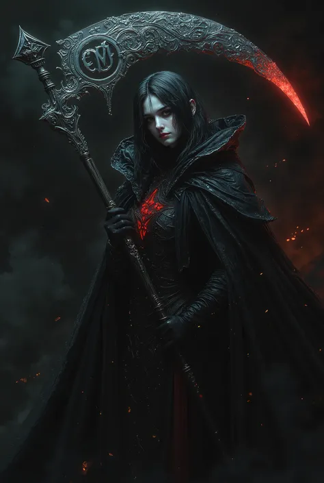 a dark-haired woman in a black dress, the most beautiful female death in the world, holding a scythe with the letters "EM" engraved on it, dark fantasy, gothic, dramatic lighting, cinematic, detailed portrait, chiaroscuro, dramatic pose, intricate clothing...