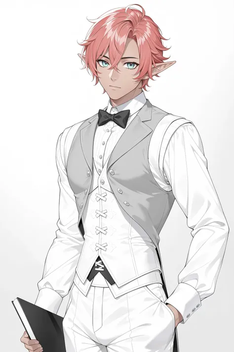 (((Masterpiece))), top quality, handsome dapper male elf, super detailed, kind and sophisticated, white corset vest, pants, shiny dark skin, long red hair, teal eyes, light background,