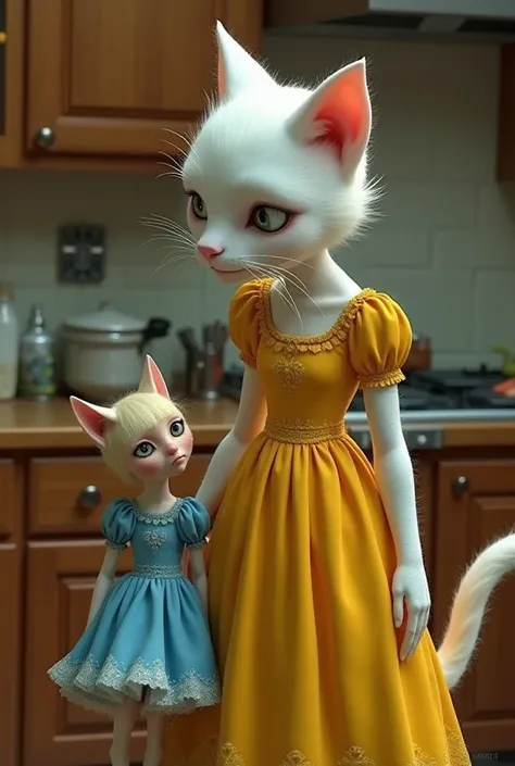 A white human cat wearing a yellow dress with a small white human cat scorched from her face wearing a blue dress in the kitchen 