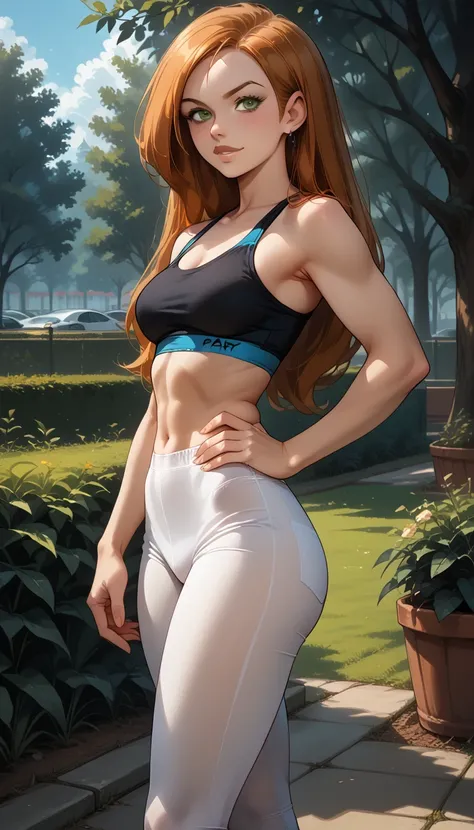 score_9, score_8_up, score_7_up, 1girl, solo, beautiful waifu, sexy (Kim Possible:1.3), wearing (white leggings:1.2), (black sports bra:1.1), naturally curved, muscular thighs, flirt, seductive smirk, (hand on hip, hip out:1.2), park, sexy poses, model sho...