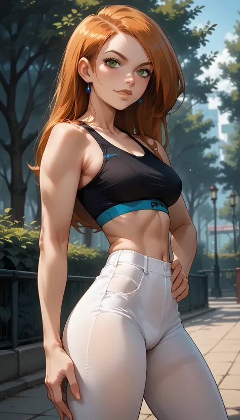 score_9, score_8_up, score_7_up, 1girl, solo, beautiful waifu, sexy (Kim Possible:1.3), wearing (white leggings:1.2), (black sports bra:1.1), naturally curved, muscular thighs, flirt, seductive smirk, (hand on hip, hip out:1.2), park, sexy poses, model sho...