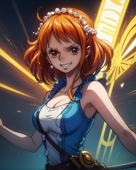 (最高masterpiece,  top quality, 4K, 8k,  high resolution,masterpiece:1.2), Nami in One Piece,smile,Mysterious Knight,Miracle,Power Spot,Fantastic world tree,Green Sun,Holy Sword,Holy Swordの斬撃, she is on an adventure to defeat the demon king,Mysterious Knight...