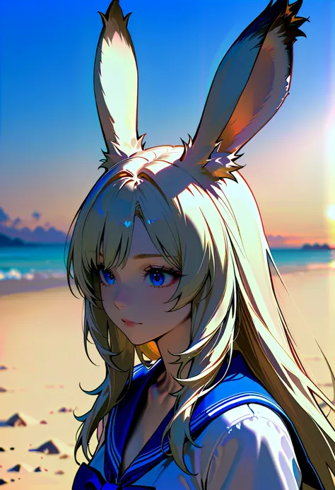  Depiction of a face expressed down to the smallest detail,  Detailed Eyes 、Detailed faces、Hair drawn down to the smallest detail 、Viera woman who looks like an idol , long hair , Straight Hair , Round face , bust up ,  sailor suit ,  as shown in the pictu...