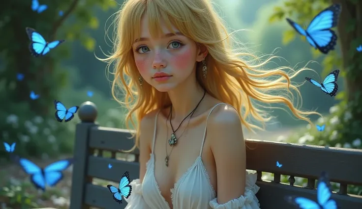 4K quality The girl is sitting on a bench her image is elven dressed, she is wearing a revealing white dress behind her with the inscription -40% Action around the girl blue butterflies are flying, the girl's hair is yellowish and the girl has reddish frec...