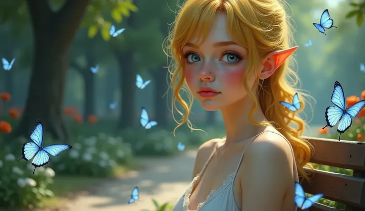 4K quality The girl is sitting on a bench her image is elven dressed, she is wearing a revealing white dress behind her with the inscription -40% Action around the girl blue butterflies are flying, the girl's hair is yellowish and the girl has reddish frec...