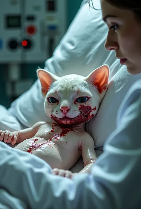 A small white human cat is burned from her face in a hospital bed with doctors 