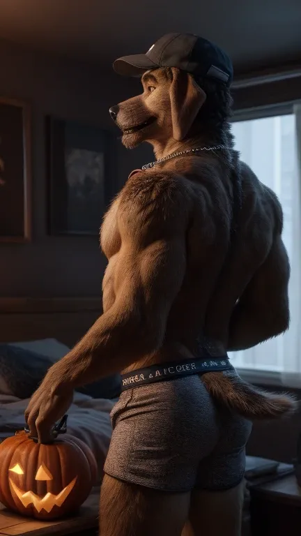 (e621), solo, male_anthro, athletic_anthro, evening, joyful, bedroom, student, detailed_clawed_fingers, accessory, short_messy_hair, realistic, detailed_fur, genital_outline, two_tone_fur, detailed_background, fur_tuft, short_tail, 4k, hi_res, dog, accesso...