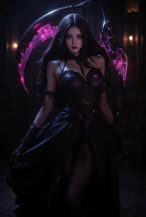 a dark-haired woman in a black dress, the most beautiful female death in the world, holding a scythe with the letters "EM" engraved on it, dark fantasy, gothic, dramatic lighting, cinematic, detailed portrait, chiaroscuro, dramatic pose, intricate clothing...