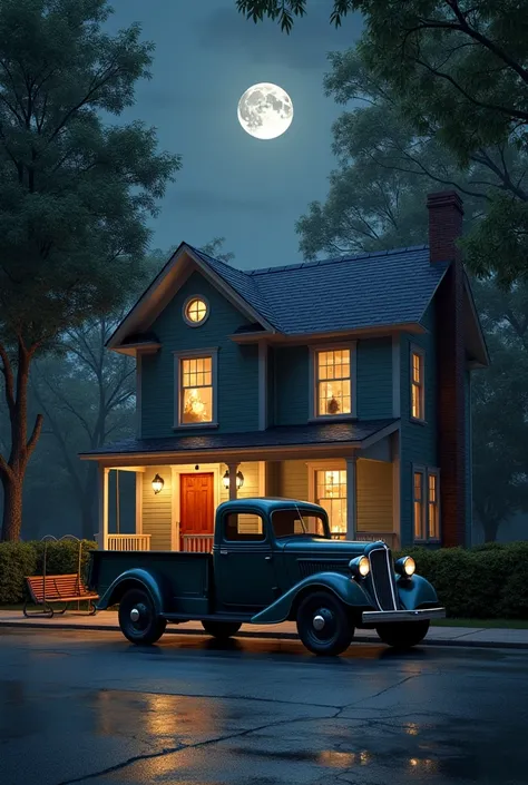  House from the 1930s with a truck from the 1930s in front, It's night and it's not raining 