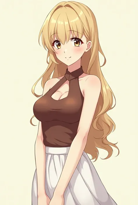 Anime girl dark blonde, braunes Neckholder Top,  white skirt