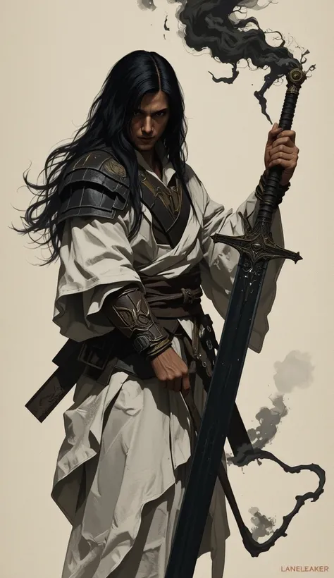 Create an illustration of a man with long black hair, with white robes, holding a long black sword with smoke and black mist coming out of it,  inspired by the character Vasher from the book Warbreaker .