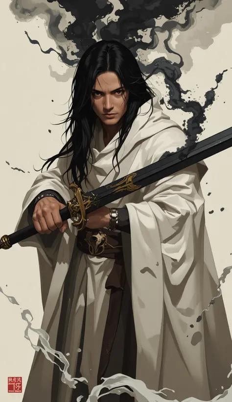 Create an illustration of a man with long black hair, with white robes, holding a long black sword with smoke and black mist coming out of it,  inspired by the character Vasher from the book Warbreaker .