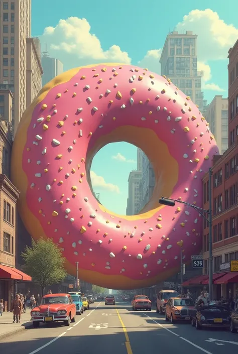 In the city, on the ground, there is an enormously gigantic donut, as tall as buildings and beyond. The city and the donut are in a retro style. The donut is overwhelmingly massive, stretching across the streets, dwarfing everything around it with its colo...