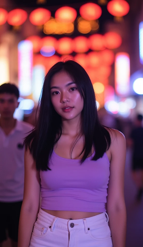 warn : Young girl,  a beautiful Asian girl with breasts , pale,  flawless beautiful skin ,  stands confidently in the vibrant Chinatown atmosphere of medieval times. Night . , she wore a pastel purple single strap tank top and WHITE DENIM SHORTS, , illumin...