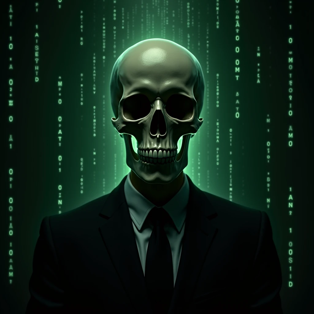 Profile photo of a skull in a suit and surrounding codes, Shades of fluorescent green looking at the camera