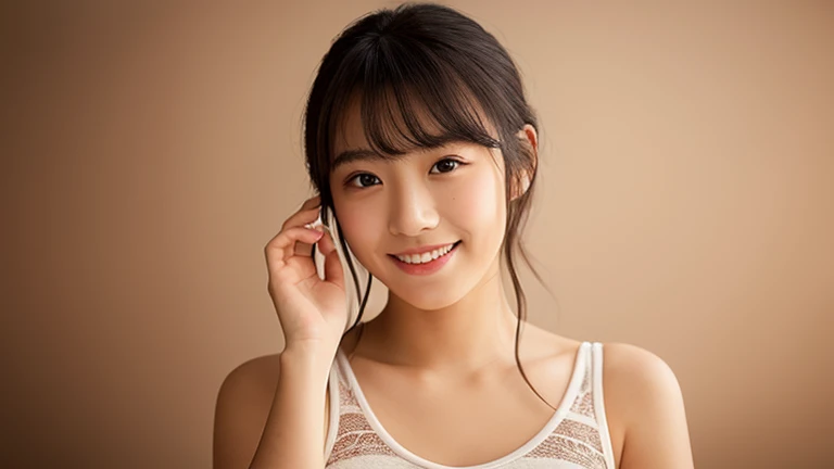 A half body portrait of a young Japanese woman with light skin, large expressive eyes, and a gentle smile. She has dark brown hair tied back in a casual ponytail with straight bangs framing her face. She is wearing a white loose-fitting top over a red spor...