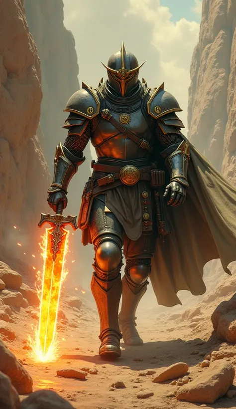 Envision a knight from the years 1100s, clad in a steampunk-style tactical suit of armor,and helmet  confidently advancing with a mystical, fiery sword that glows with futuristic energy. Amidst a rugged terrain, his s visage is accentuated by the enchanted...