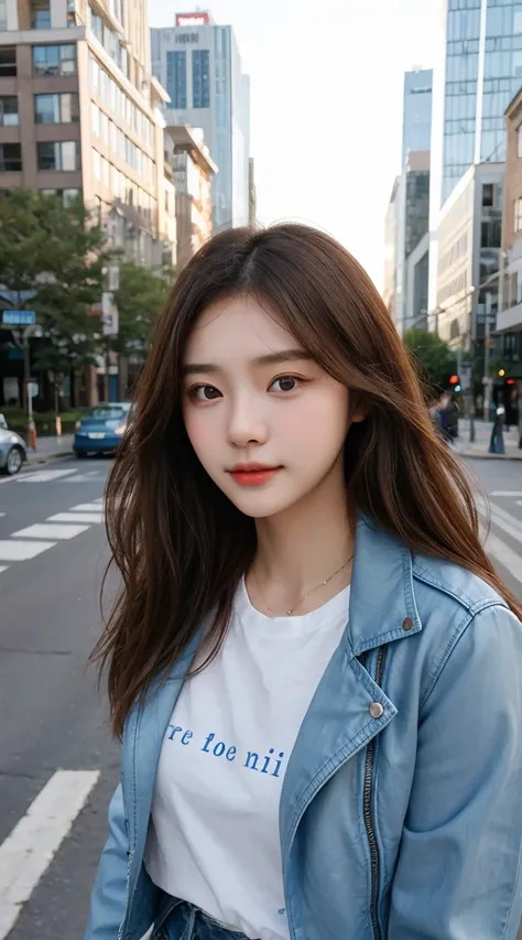 A 20-year-old Korean woman, beautiful with fair skin and light brown hair, baby-faced, stands on a city street against a modern urban backdrop featuring tall glass buildings, trees lining the street, and cars passing by. She has striking blue eyes, delicat...