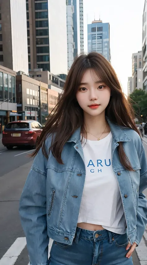 A 20-year-old Korean woman, beautiful with fair skin and light brown hair, baby-faced, stands on a city street against a modern urban backdrop featuring tall glass buildings, trees lining the street, and cars passing by. She has striking blue eyes, delicat...