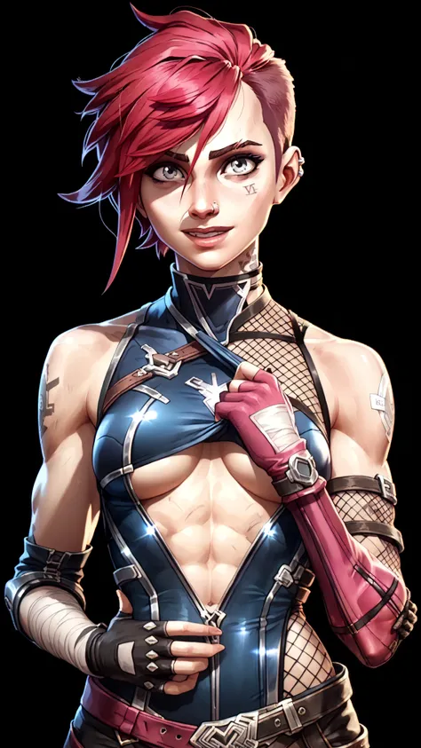 one woman, vi, (grey eyes:1.2), short hair, red hair, (upper body:1.3), (black background, clear background:1.5), (studio lights, deep shadows:1.3), (very small chest, bare shoulders, slender body:1.3), (fishnet bodysuit, fishnet long gloves, underboob:1.4...