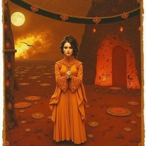 A hauntingly beautiful gothic-style of a woman with pale skin and dark ash hair, wearing an ornate gothic top, set against the backdrop of the moon in an ancient civilization. The painting is rendered in exquisite detail typical of Art Nouveau, featuring s...