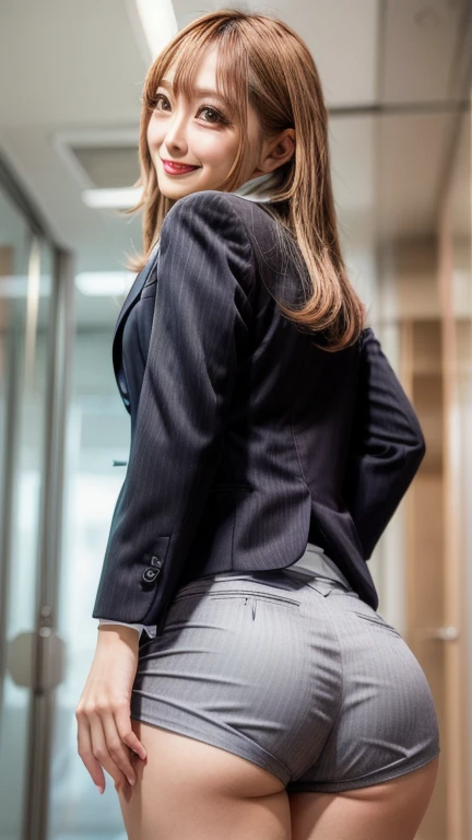  top quality,  photorealistic, 8k,   high definition ,   1 female、smile、 beautiful and perfect proportions , Beautiful big boobs、 backshot 、 butt close-up、Office District、 pantsuit ,  white blouse ,staff identity card,work, 