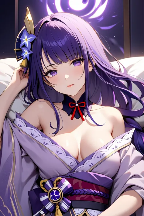 >  Create an illustration of Raiden Shogun , The character from Genshin Impact ,  looking naked with an attractive body adorned with lace and details that highlight her slender and powerful figure.  Her long purple hair should flow freely , with some locks...