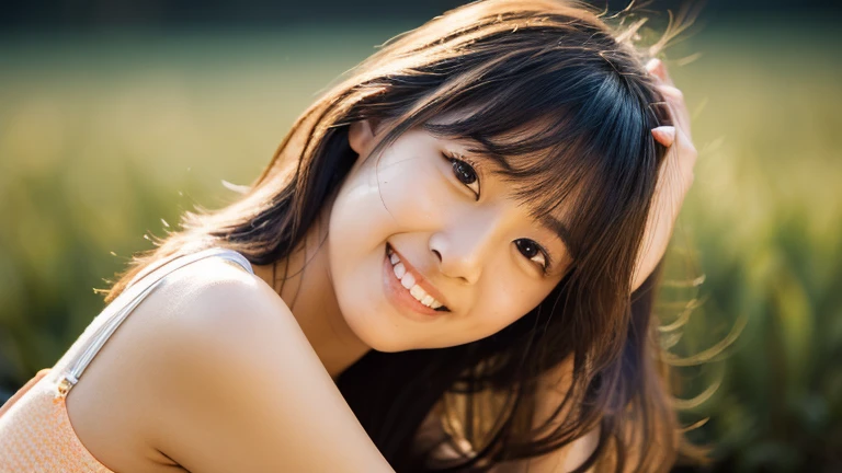 A half body portrait of a young Japanese woman in her 30s with light skin, large expressive eyes, and a gentle smile. She has dark brown hair tied back in a casual ponytail with straight bangs framing her face. She is wearing a white loose-fitting top over...