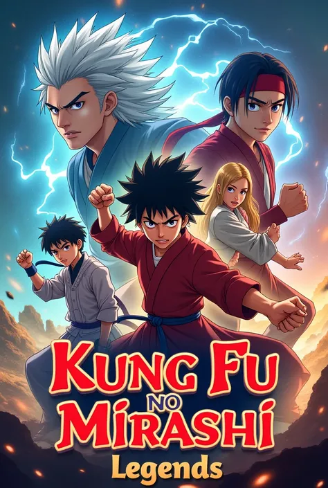 Bannière d'anime avec des personnage d'anime emblatique.inclus 
mettre en evidence le texte :    kung fu no mirashi legends 
