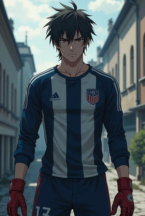 Make a 21-year-old male Blue Lock anime character,With messy hair behind the back,bad looking,Goalkeeper clothing, French