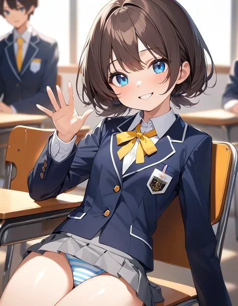 1girl, Best Quality, Very detailed,Ultra-high resolution, cowboy shot, soft focus, (smile, Kind eyes, blue eyes), small breasts, slender, {dark brown hair, Short Hair, waved hare}, ((short twin tail:1.2)), ((low twin tail:1.2)), Student Uniform, {dark blue...