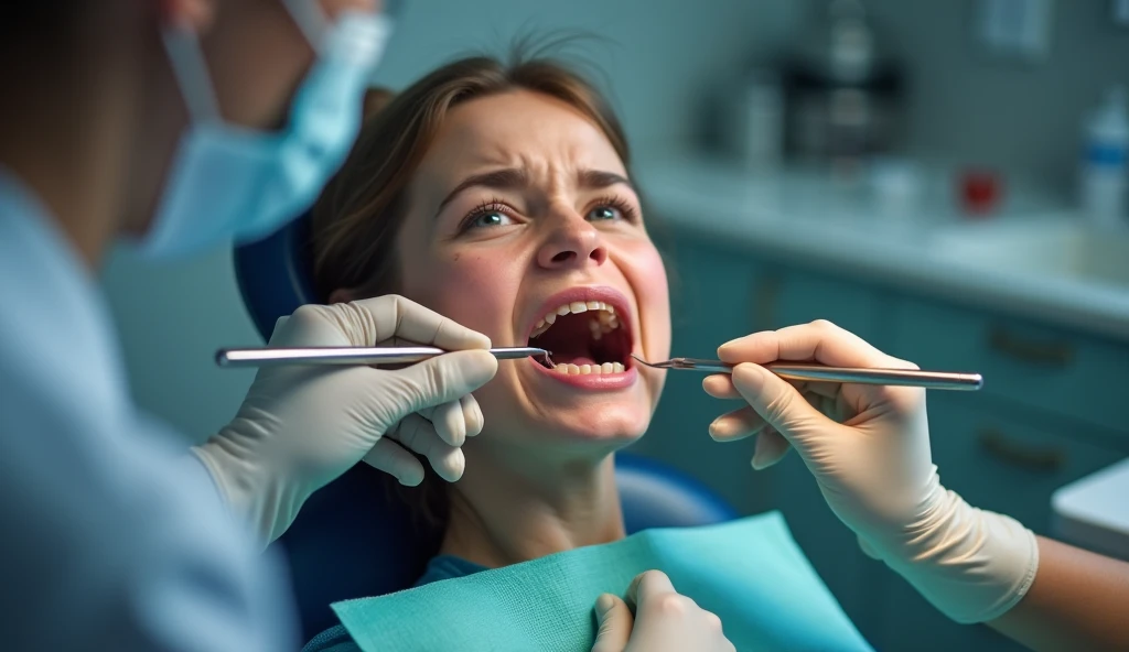 Photo. At the dentist's appointment. Detailed view. More colors. More saturated photo. Make it look like a natural photo with high development and a telephoto lens. 2/3.