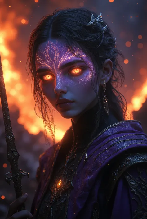 1 girl with pale skin, beautiful glowing iridescent eyes, detailed intricate face, wearing purple and black clothes, holding a magic wand, watching a volcanic eruption, photorealistic, highly detailed, hyper realistic, masterpiece, cinematic lighting, dram...