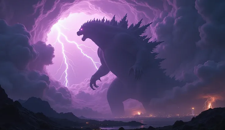 A massive dimensional rift tears open the sky, the air crackling with eerie, purple light as the rift pulses with energy. From the rift emerges the distorted silhouette of an enormous Kaiju, its monstrous form looming against the vast expanse of the night ...