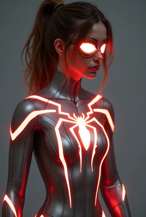 A woman with a suit inspired by Spider-Girl that's mainly metallic silver with her webbing designs glowing light red. Her hair is a loose ponytail, colored light brown. Her full mask lenses are also glowing light orange. Her spider emblem is large and glow...