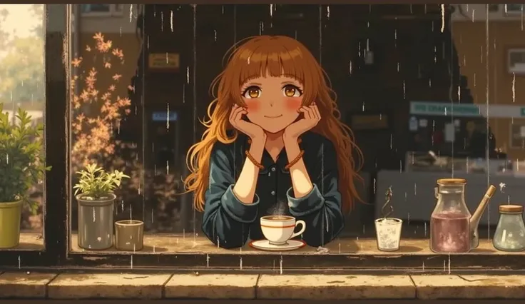 Anime girl sitting in a cafe looking out the window,  an anime cartoon by Kobayashi Kiyochika , tumblr, arte conceptual, raining outside del café, Chica Lofi,  rainy mood , en un Rainy day, raining outside,  mystery girl from the coffee shop , Is it rainin...