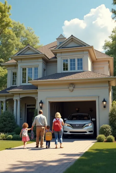 Realistic image of family getting ready to travel in front of their large house with garage 