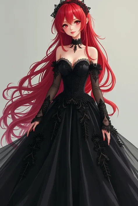 Whole body anime girl with red hair wearing black wedding gown