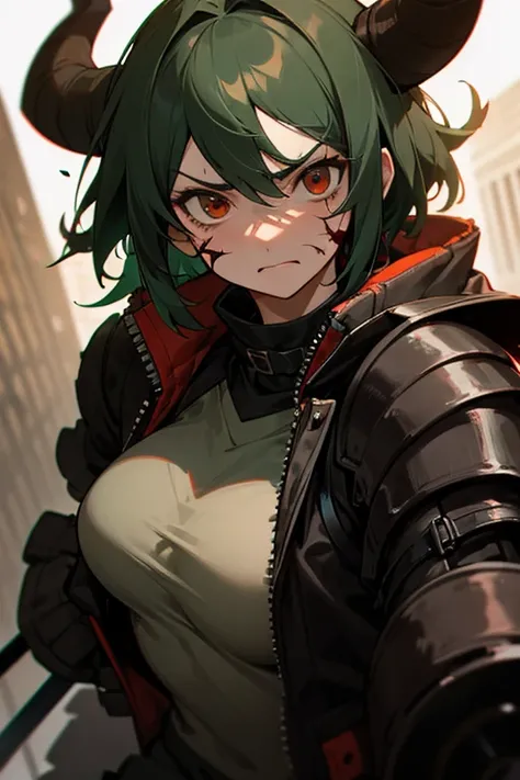  Girl with short dark green hair and extremely messy,  sturdy half-fat and muscular build ,  black tactical armor , brown bomber jacket ,  multiple red scars on her face , Hard-looking and aggressive ,  has rough light brown horns 