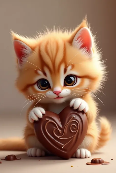 A cute kitten with long hair、I have chocolate in the shape of a heart 