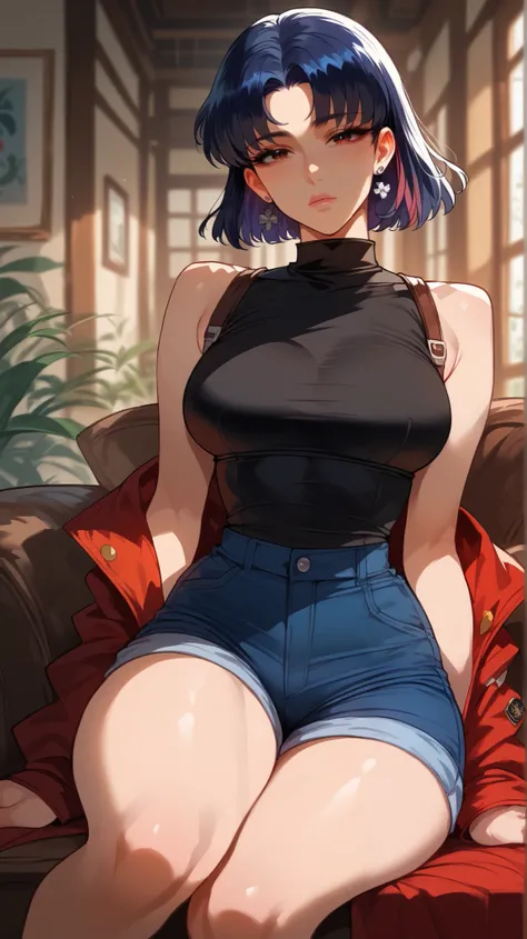 Misato Katsuragi style,  perfect eyes,  perfectly sexy face , ultra detailed,  ultra perfect eyes,  short hair,  black hair,  big beautiful woman , sitting, dark blue shorts, Body,  looking at the viewer,