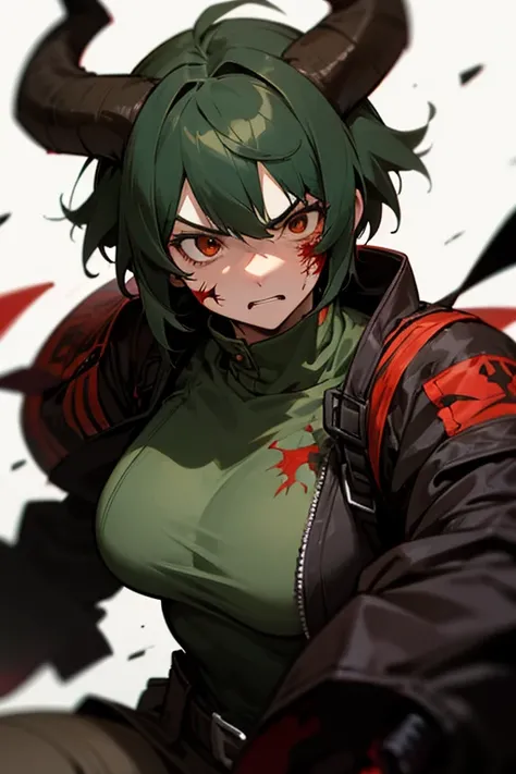  Girl with short dark green hair and extremely messy,  sturdy half-fat and muscular build ,  black tactical armor , brown bomber jacket ,  multiple red scars on her face , Hard-looking and aggressive ,  has rough light brown horns , 