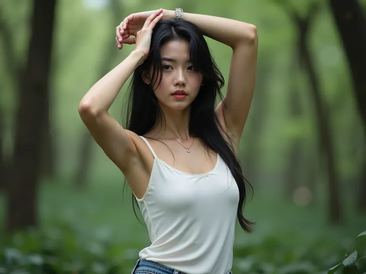 BeautyChinesegirl, black hair, white camisole, jeans, in forrest , dynamic pose hand up behind head, (low key lighting:1.2), shot on Canon EOS 5D, , best quality, ultra high res, (photorealistic:1.4), masterpiece, real life skin, hyper real, Depth of field...