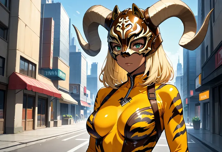 dark skin, blonde hair, medium hair, green eyes, medium breasts, tiger print bodysuit, brown helmet mask, horned mask, large horns, futuristic city, [[mature female]], solo